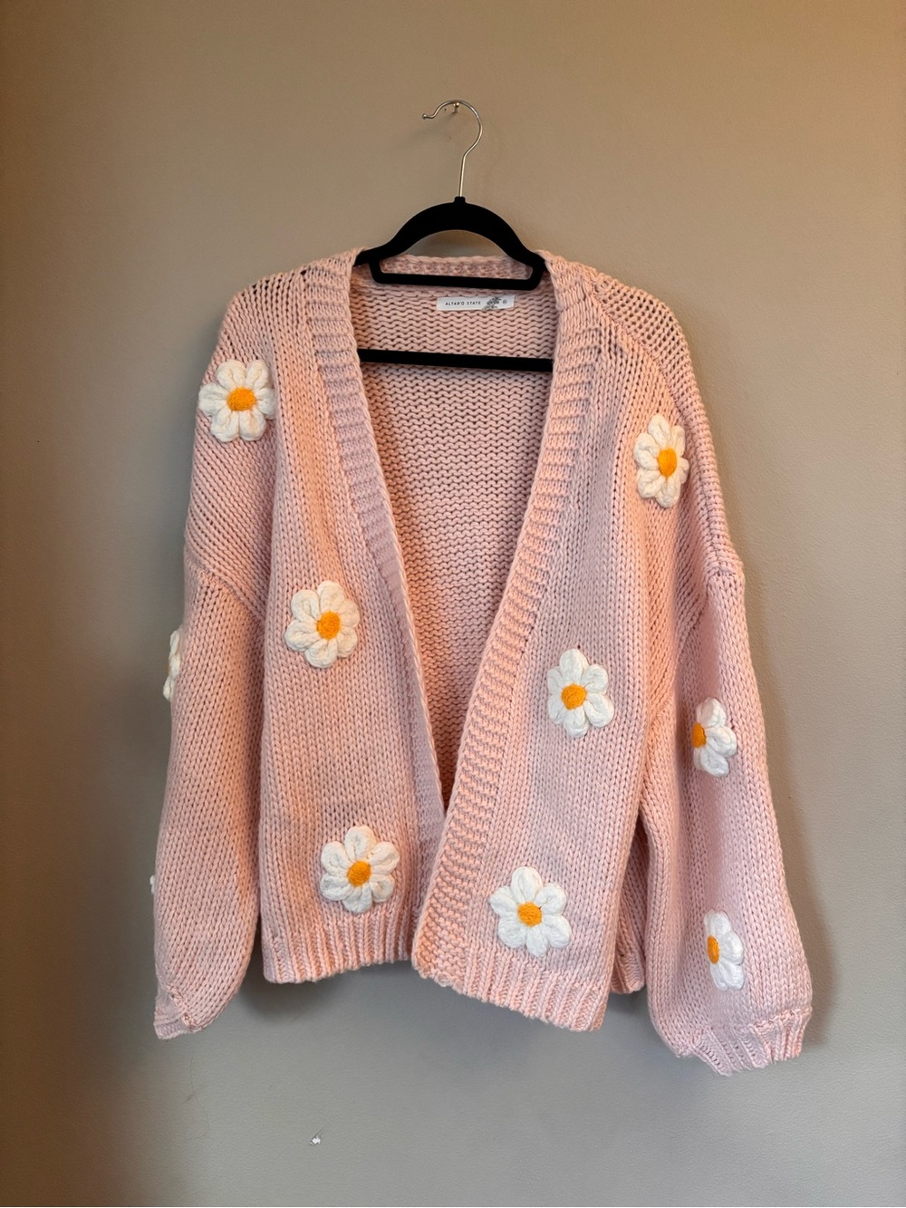 Altar'd State Pink Daisy Embroidered Open-Front Cardigan